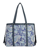 PRIMROSE Canvas Tote Bag with Paisley Print, Navy Blue and White Pattern, Dark Trim